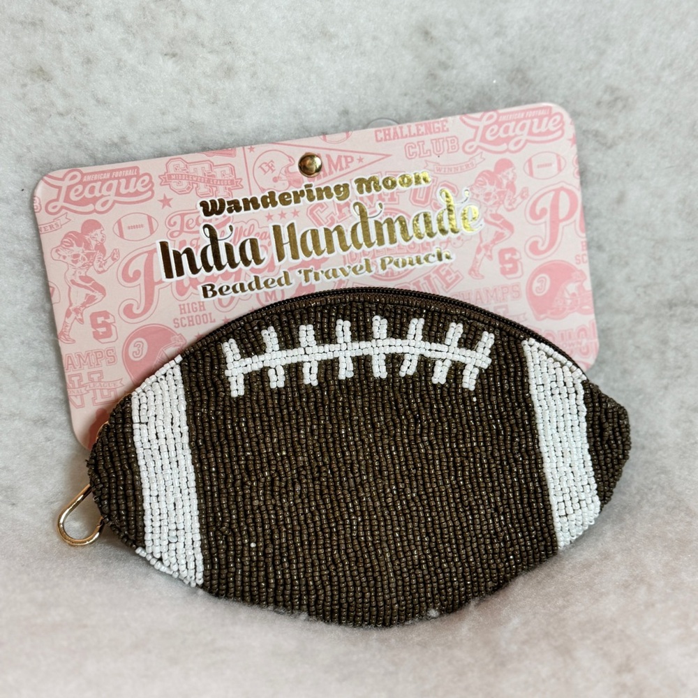 Wandering Moon India‎ Handmade Glass Football Beaded Travel Brown Pouch - NEW